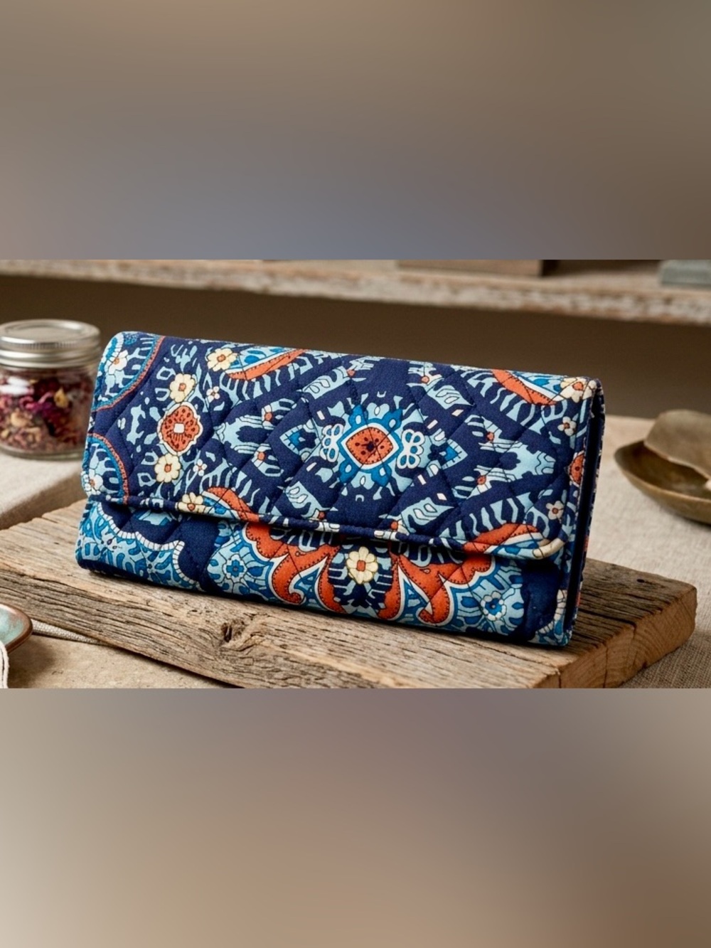 Vera Bradley Quilted Floral Wallet  in Navy and Orange